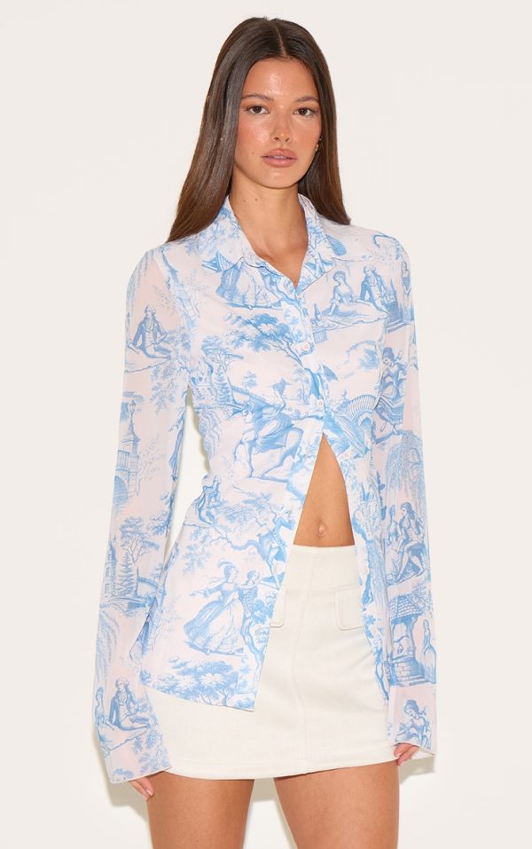 Light Blue Printed Fitted Chiffon Shirt