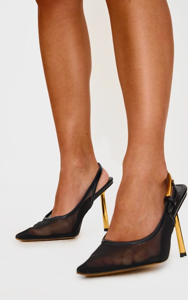 Black Mesh Gold Buckle Point Toe Court Heels