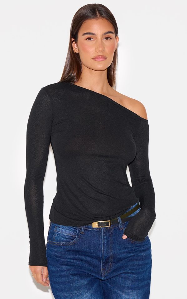 Black Burnout Mesh Asymmetric Shoulder Long Sleeve Top
