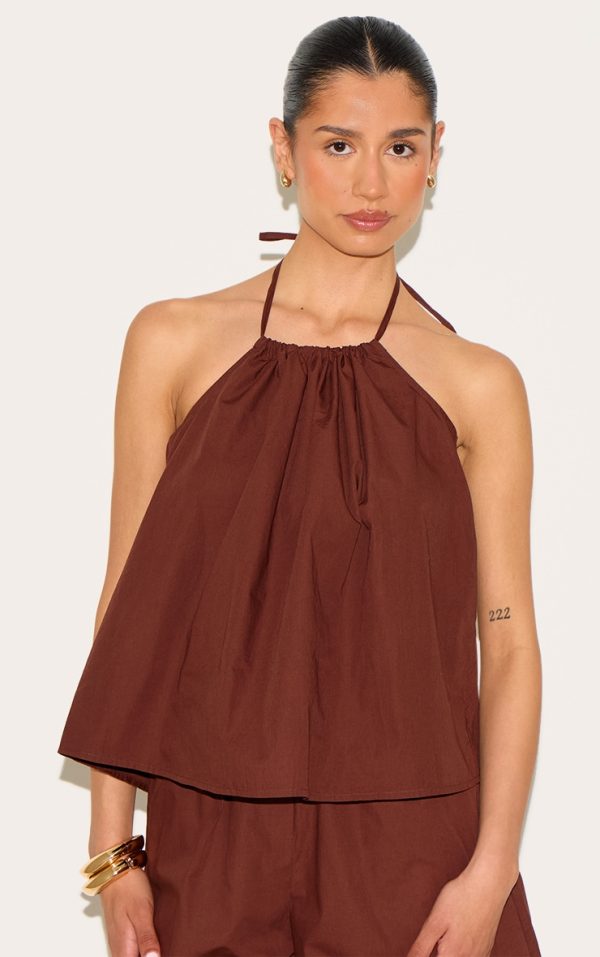 Tall Chocolate Poplin Low Back Halterneck Top