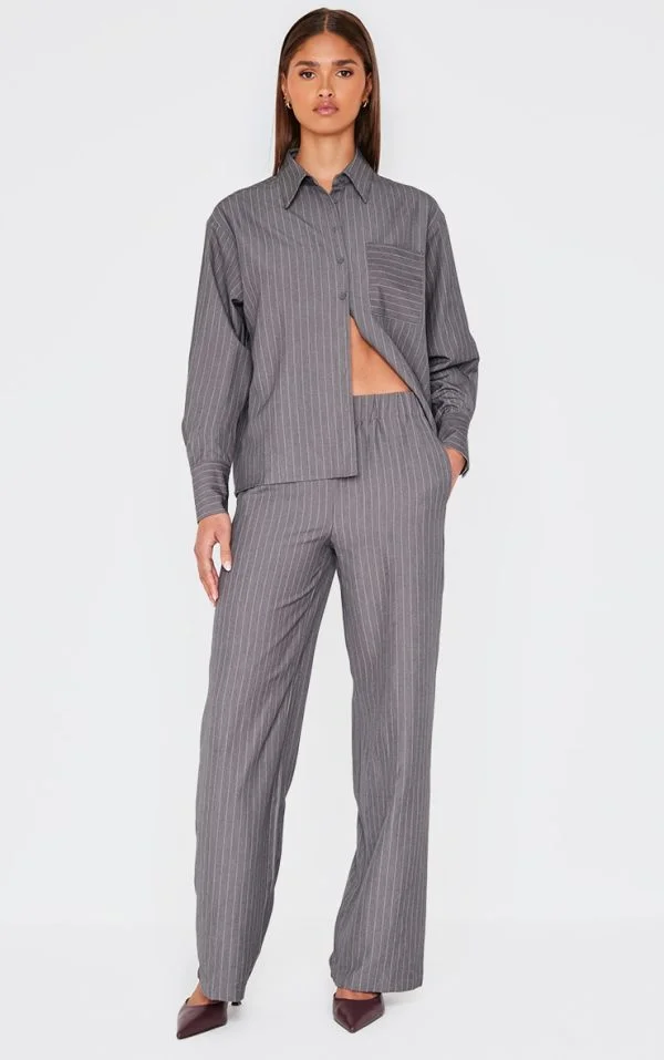 Grey Woven Pinstripe Detail Wide Leg Pants