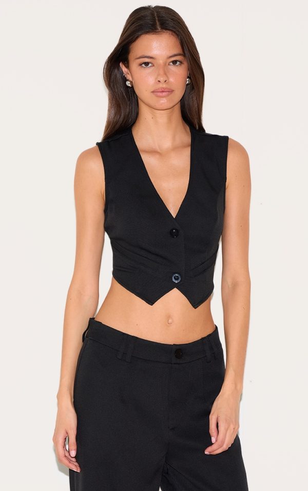 Deep Black Woven Belted Back Detail Suit Vest