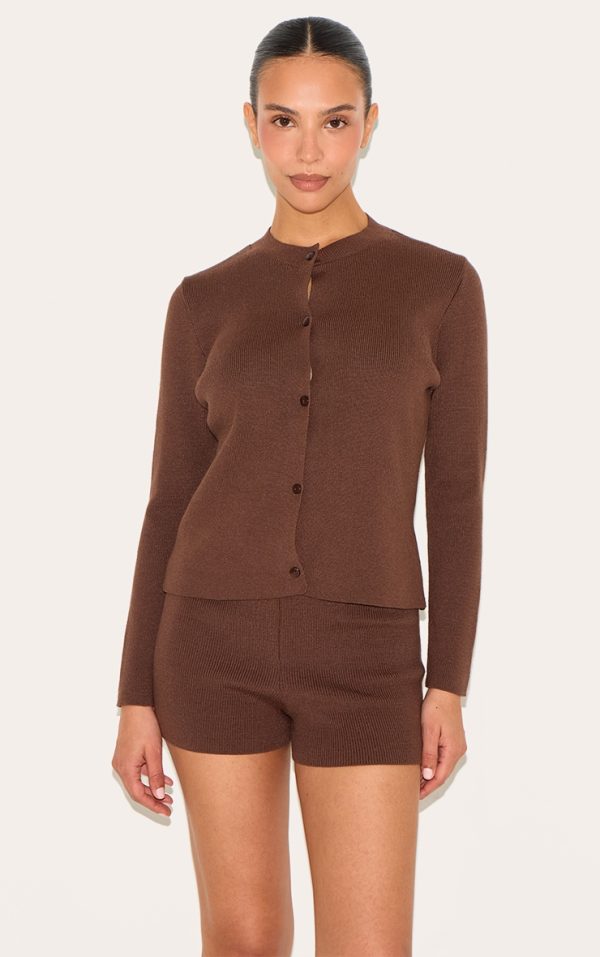 Petite Chocolate Knitted Button Up Cardigan