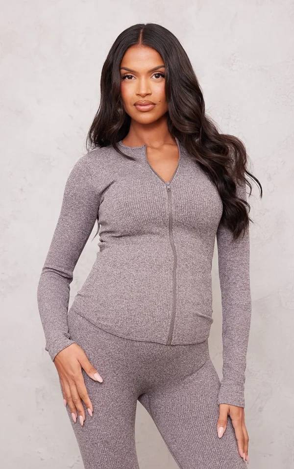 Maternity Chocolate Snatched Rib Zip Up Cardigan