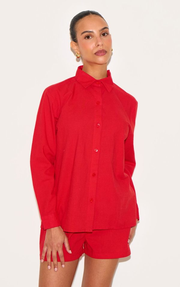 Petite Tomato Red Linen Look Button Up Shirt