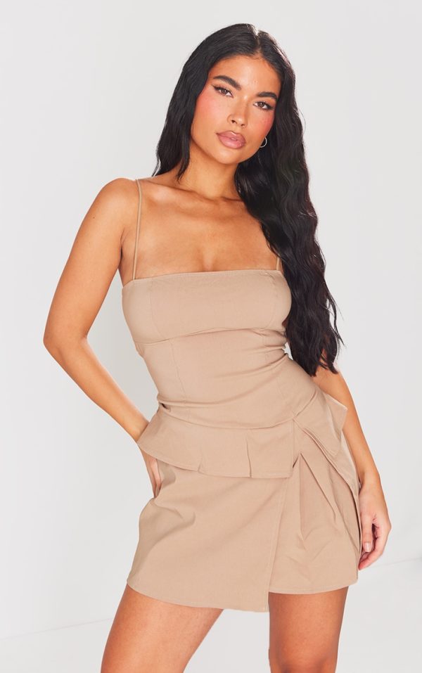 Taupe Stretch Woven Pleated Strappy Shift Dress