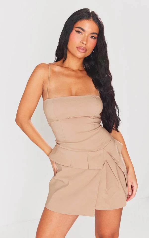 Taupe Stretch Woven Pleated Strappy Shift Dress