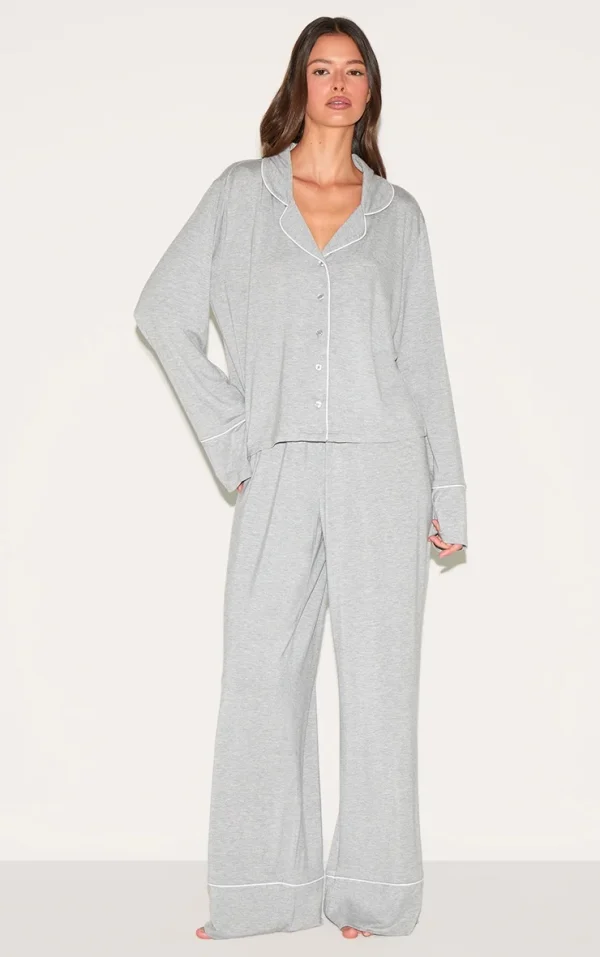 Grey Marl Modal Piping Long Pj Set