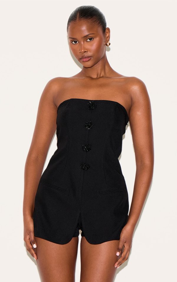 Black Beaded Button Detail Tailored Romper
