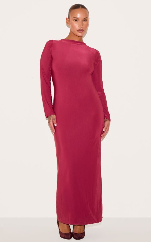 Plus Wine Double Layer Slinky Flared Sleeve Midaxi Dress