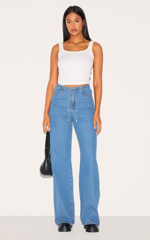 Tall Mid Blue Wash Low Rise Tie Waistband Wide Leg Jeans