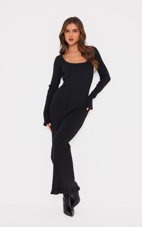 Black Rib Knit Piquet Hem Maxi Dress