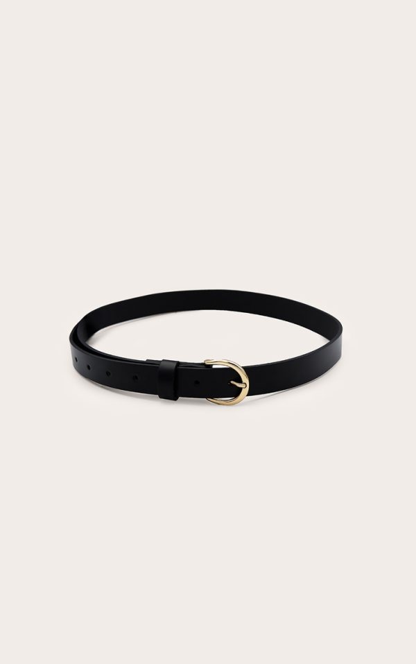 Black Pu Gold Crescent Buckle Skinny Belt