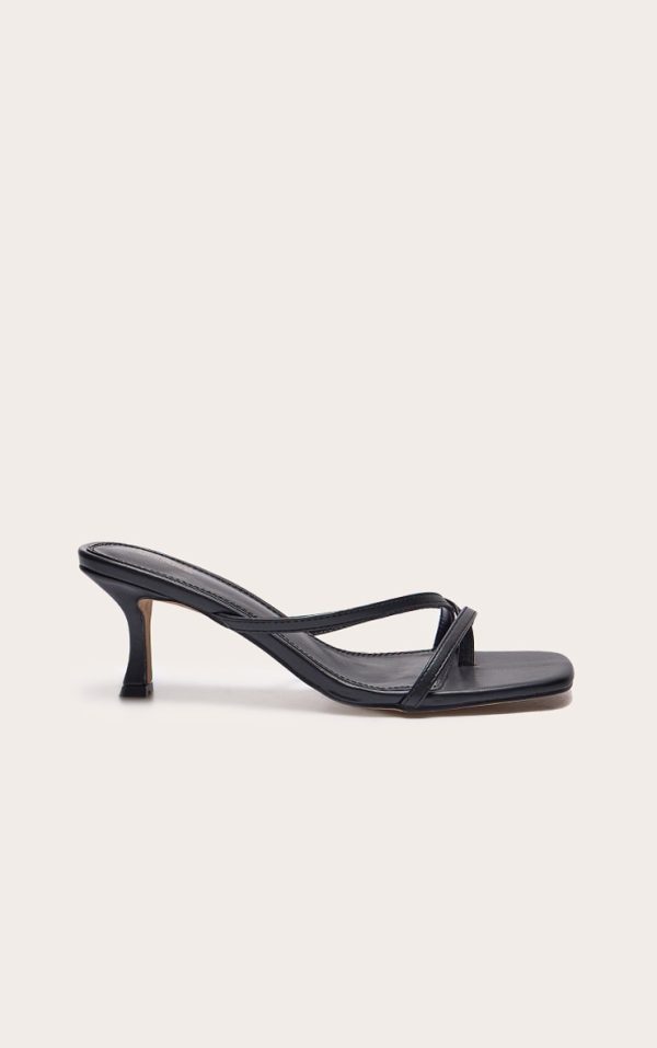 Black Pu Square Toe Strappy Toe Thong Mid Stiletto Heeled Mules