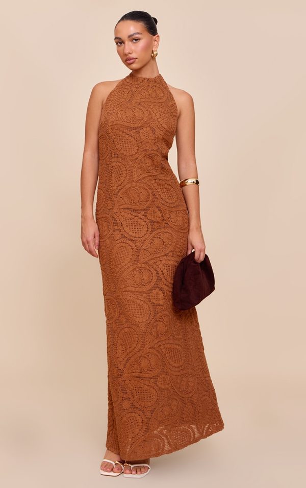 Chocolate Textured Strappy Low Back Maxi Dress