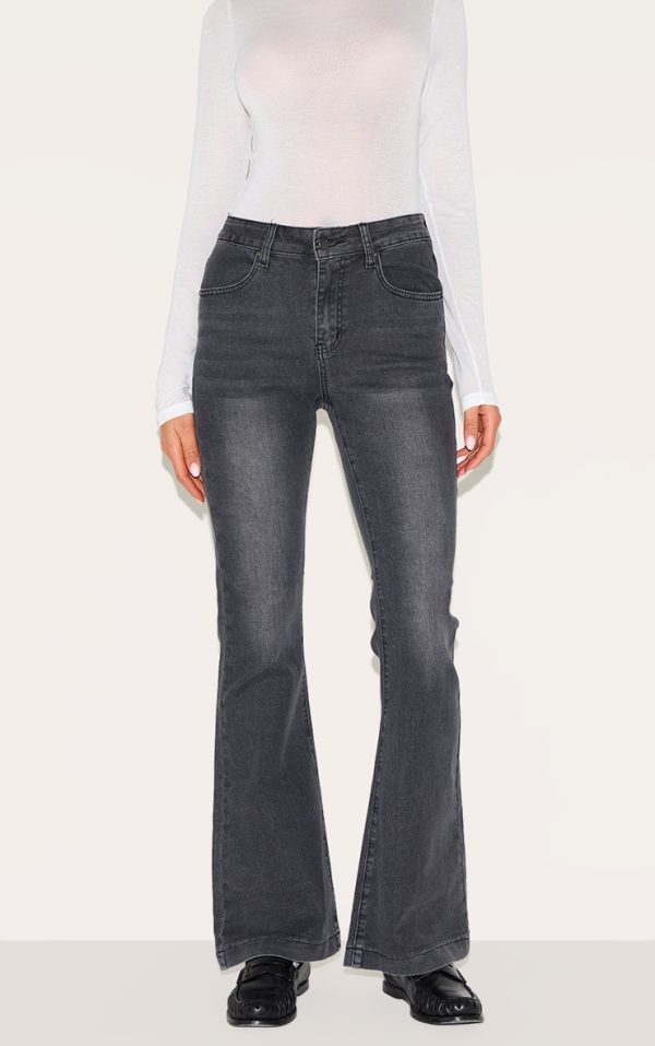 Washed Grey Seam Detail Stretch Denim Flared Jeans