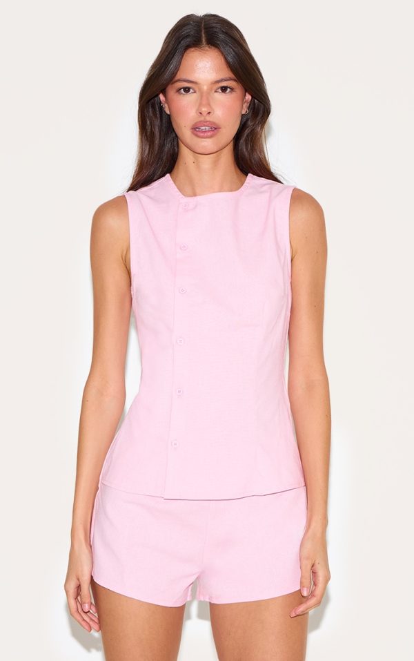 Candy Pink Linen Asymmetric Button Down Romper