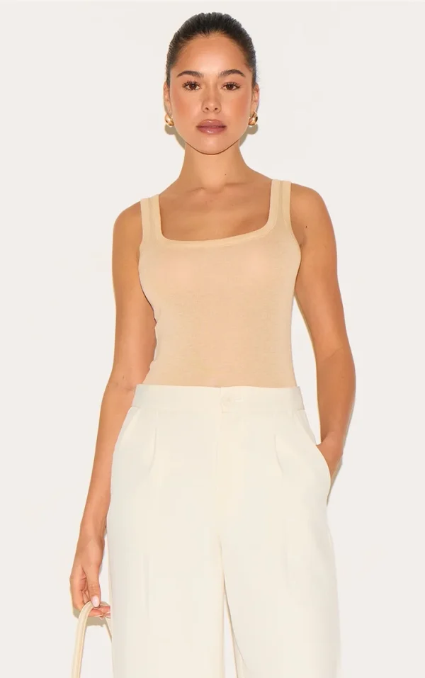 Beige Sheer Soft Touch Scoop Neck Long Vest Top
