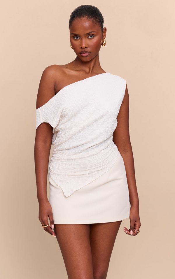 Cream Textured Slouchy Dip Hem Off Shoulder Top