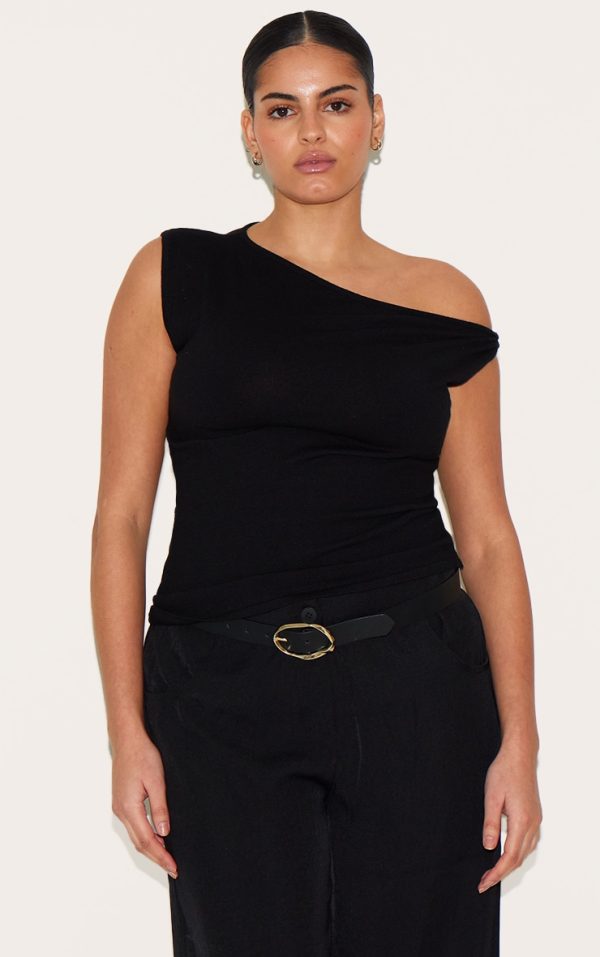 Plus Black Basic Knit Asymmetric Hem Twist Sleeve Vest Top