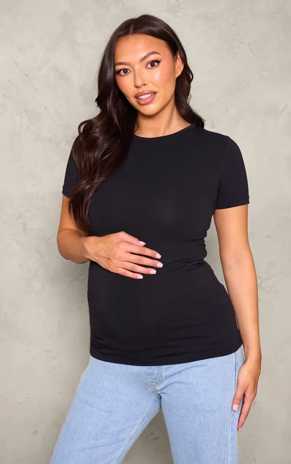 Maternity Black Basic Short Sleeve Crew Neck Fitted T Shirt