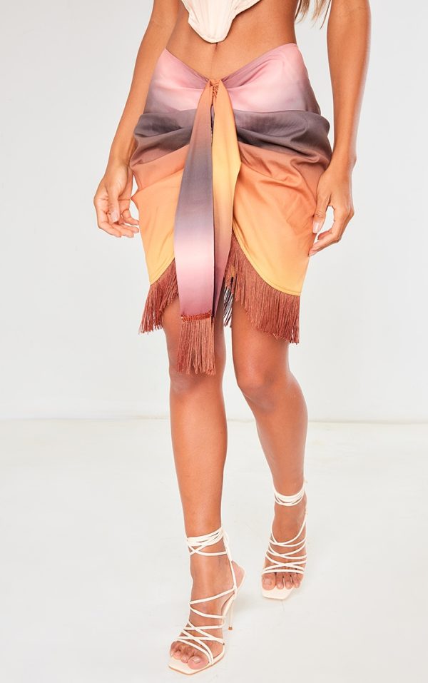 Brown Ombre Print Woven Tassel Wrap Skirt