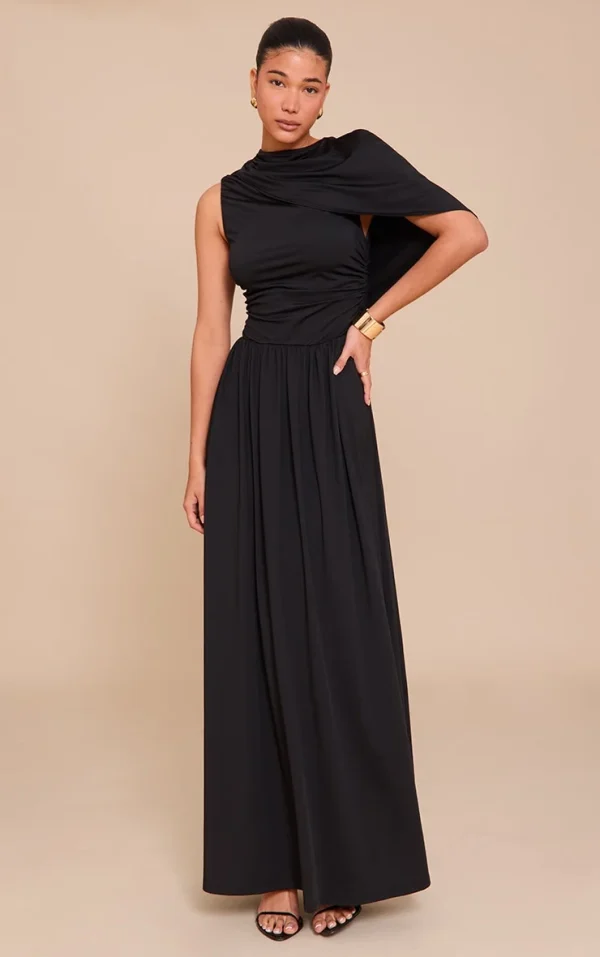 Black Layered Ruched Maxi Dress