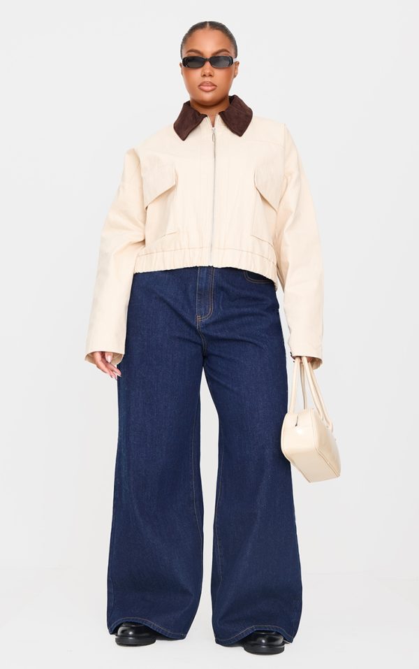 Plus Beige Contrast Collar Twill Jacket
