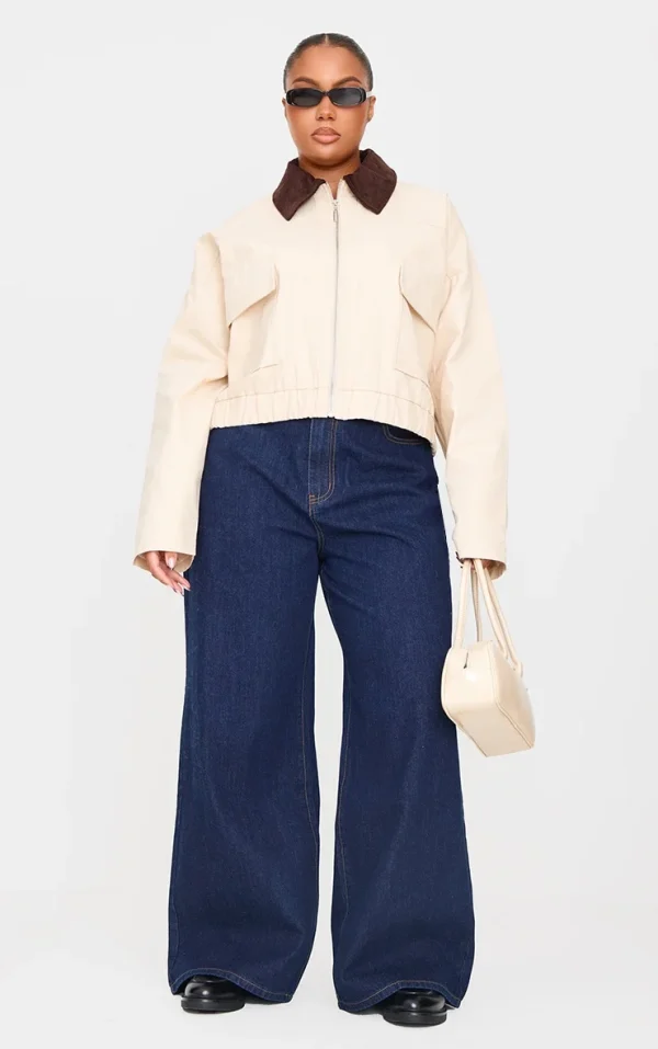 Plus Beige Contrast Collar Twill Jacket