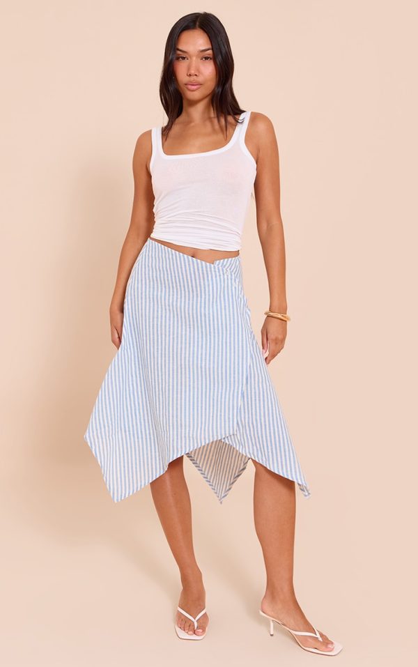 Blue Stripe Split Hem Hanky Hem Midi Skirt