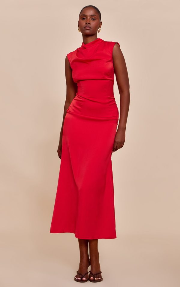 Red Satin Boat Neck Fishtail Midi Dress