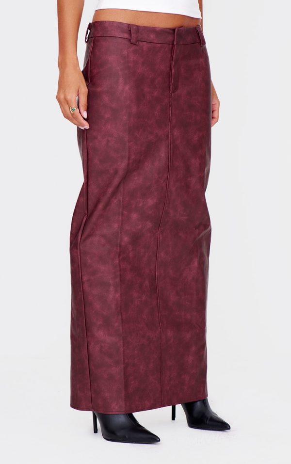 Burgundy Washed Faux Leather Maxi Skirt