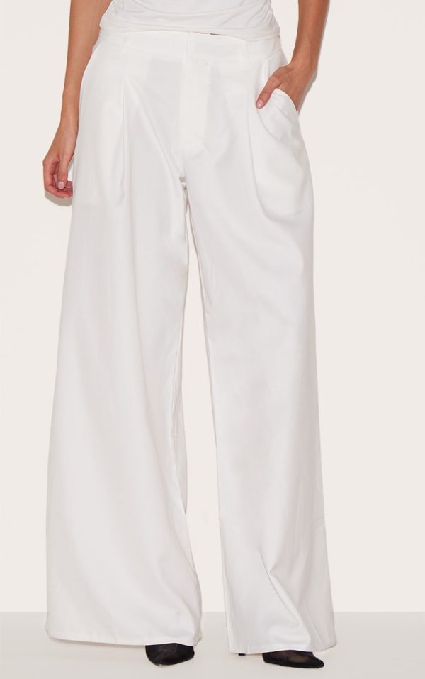 White Woven Double Pleat Wide Leg Pants