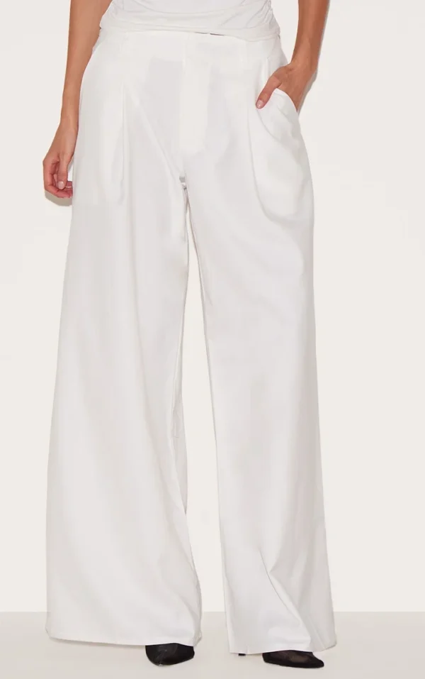 White Woven Double Pleat Wide Leg Pants