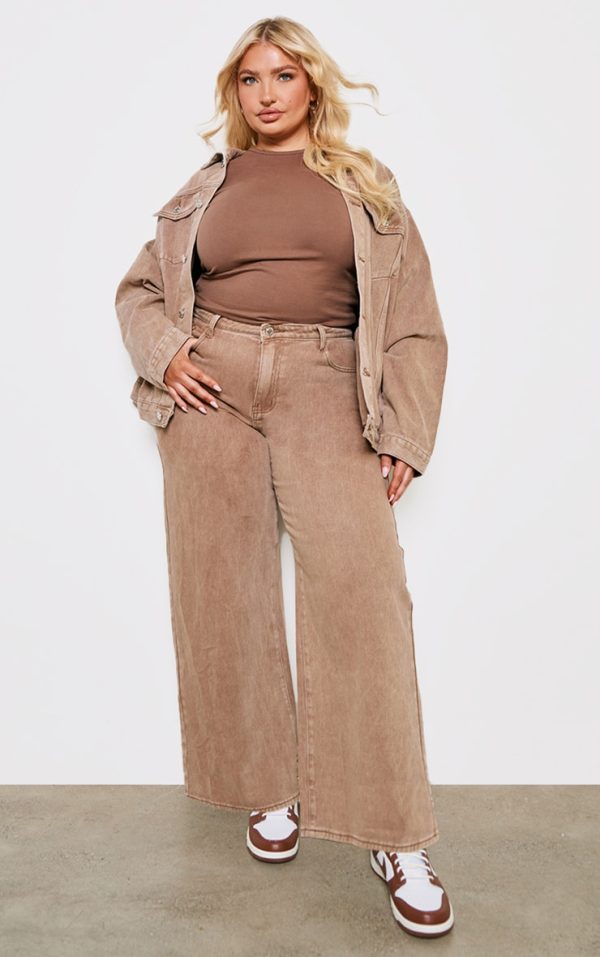 Plus Brown Washed Boyfriend Low Rise Jeans