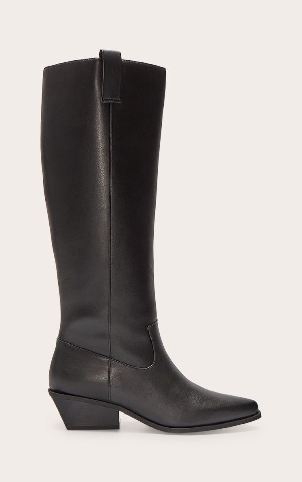 Black Black Pu Point Toe Western Knee High Boots