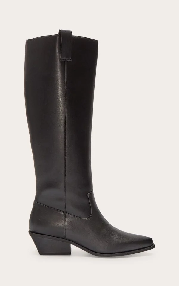 Black Black Pu Point Toe Western Knee High Boots