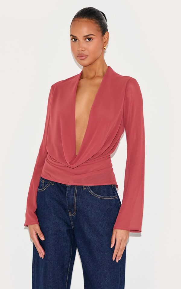 Blush Rose Chiffon Long Sleeve Sheer Cowl Blouse