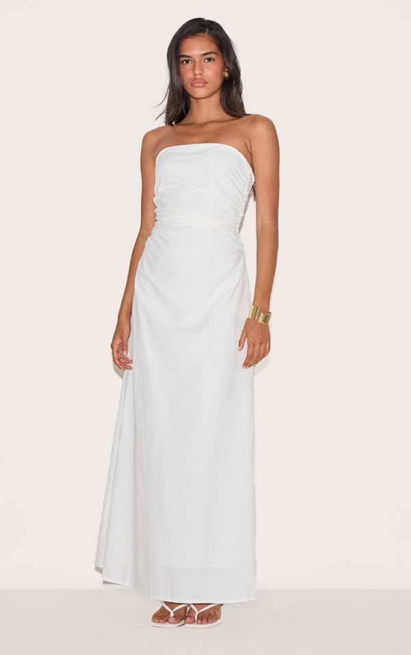 White Bandeau Ruched Waist Detail Maxi Dress
