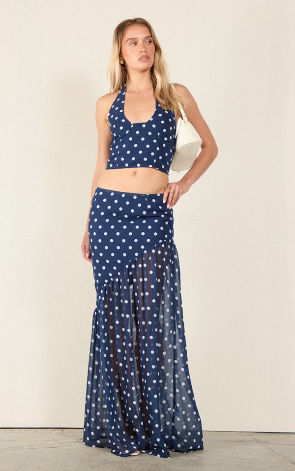 Navy Polka Dot Asymmetric Maxi Skirt