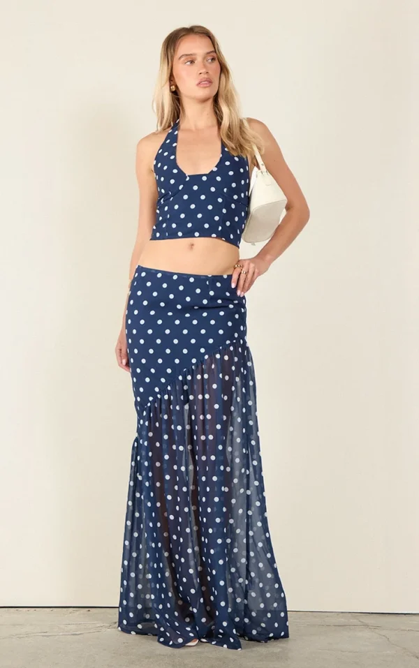 Navy Polka Dot Asymmetric Maxi Skirt