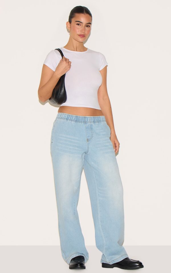 Light Blue Wash Elasticated Waistband Wide Leg Jeans
