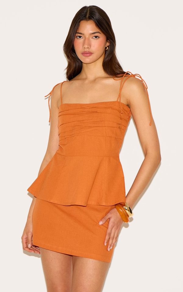 Burnt Orange Linen Look Mid Rise Mini Skirt