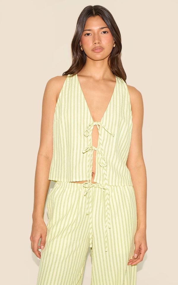 Lime Green Striped Sleeveless Tie Front Top