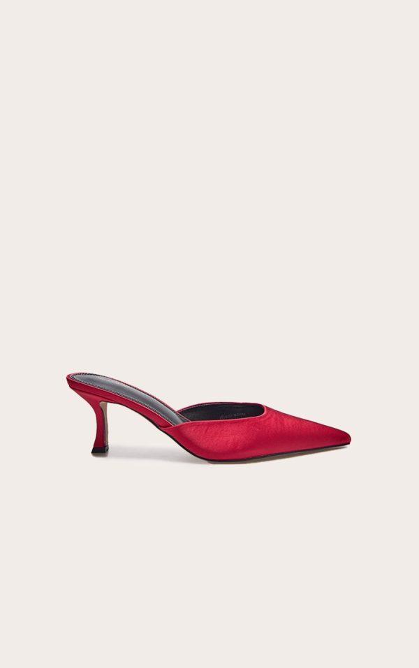 Red Satin Point Toe Mid Stiletto Heeled Mules