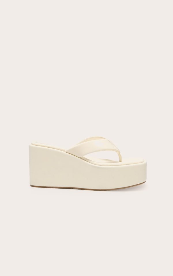 Cream Lycra Square Toe Thong Flatform Wedge Sandals