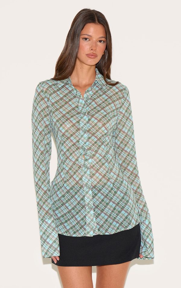 Green Check Sheer Fitted Shirt