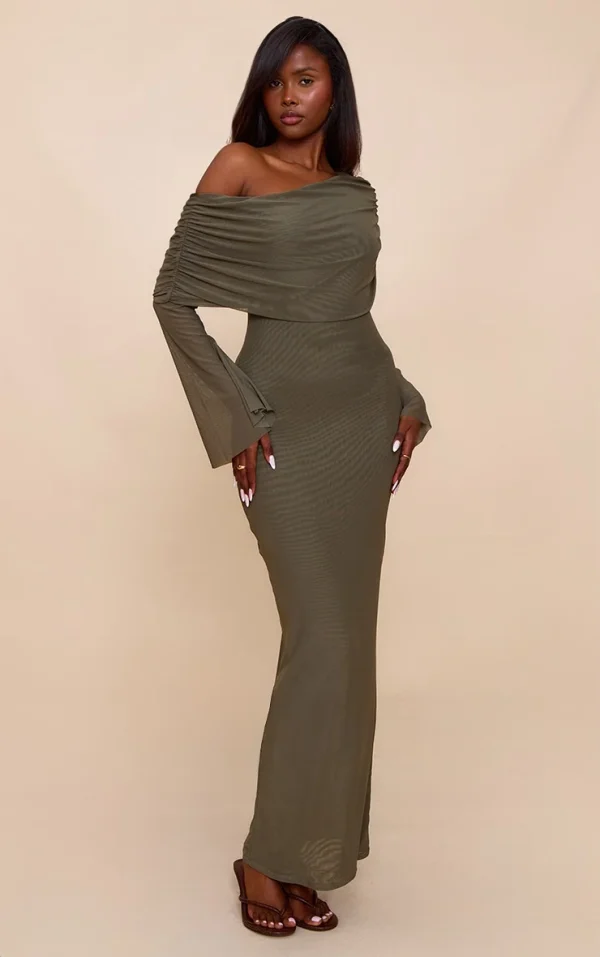 Olive Lined Mesh Long Sleeve Maxi Dress