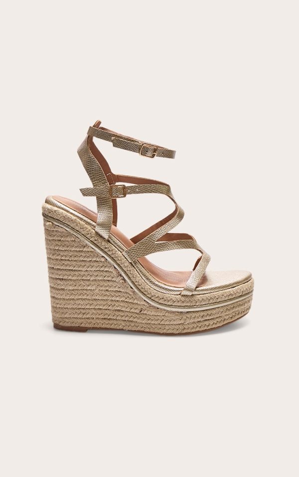 Gold Metallic Snake Strappy Heeled Wedges