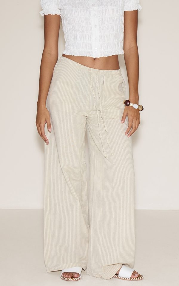 Sage Green Stripe Cotton Drawstring Mid Rise Pants